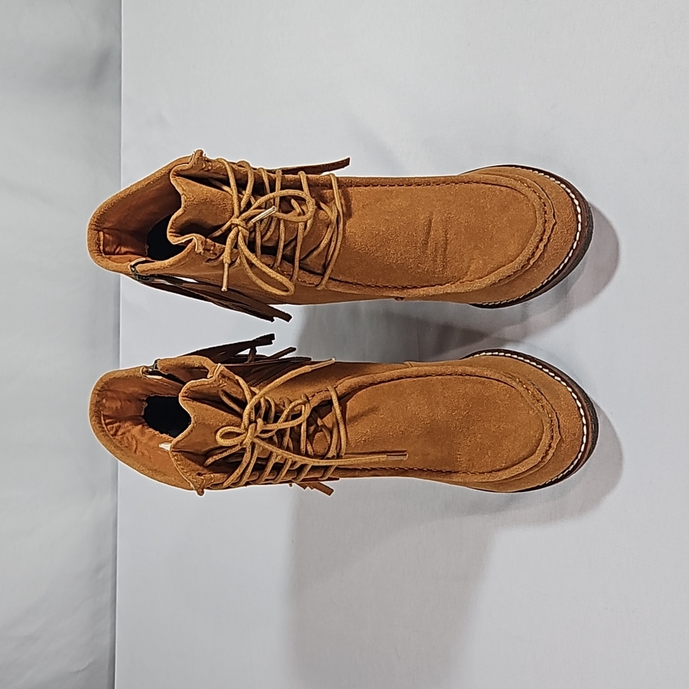 Suede Fringe Lace-Up Ankle Boots - Brown